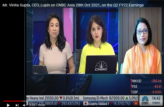 Ms. Vinita Gupta, CEO, Lupin on CNBC Asia 28th Oct 2021, on the Q2 FY22 Earnings