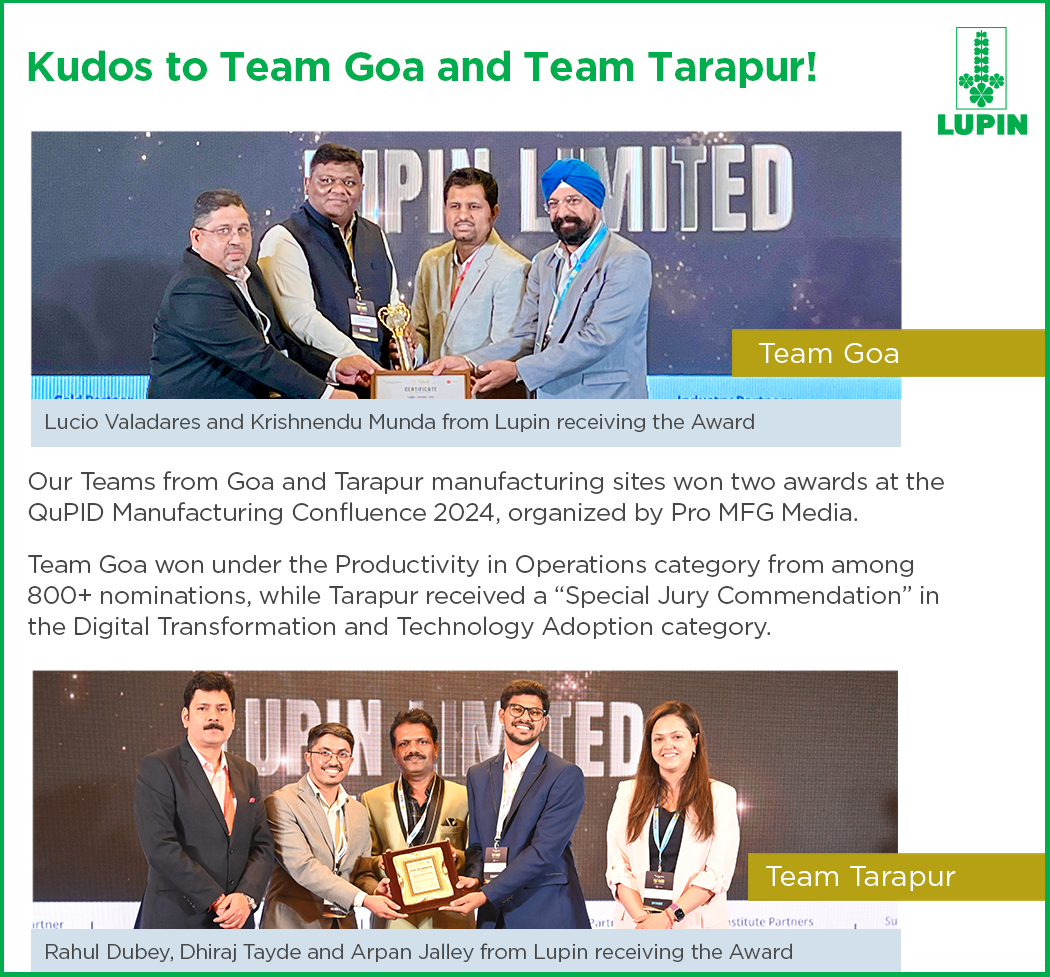 Our Teams from Goa and Tarapur manufacturing sites won two awards at the QuPID Manufacturing Confluence 2024, organized by Pro MFG Media.