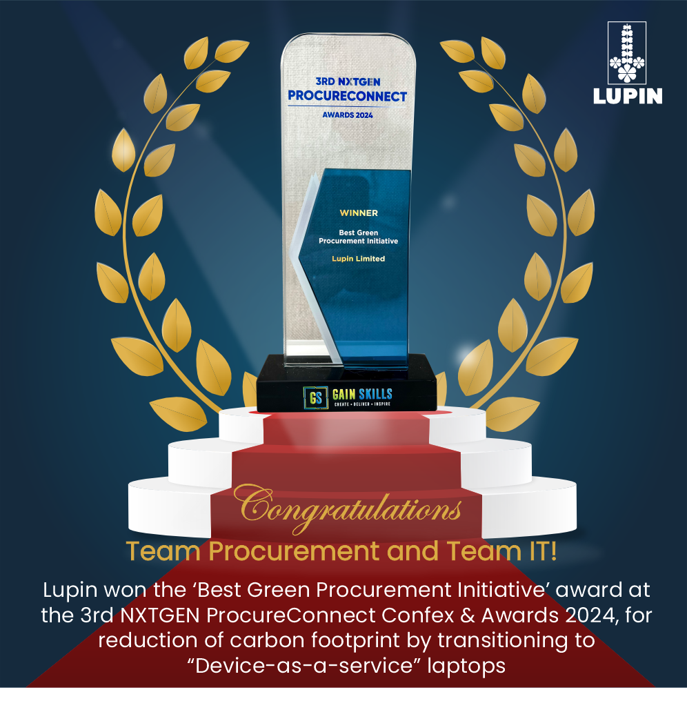 Lupin won the ‘Best Green Procurement Initiative’ award at the 3rd NXTGEN ProcureConnect Confex & Awards 2024, for reduction of carbon footprint by transitioning to “Device-as-a-service” laptops