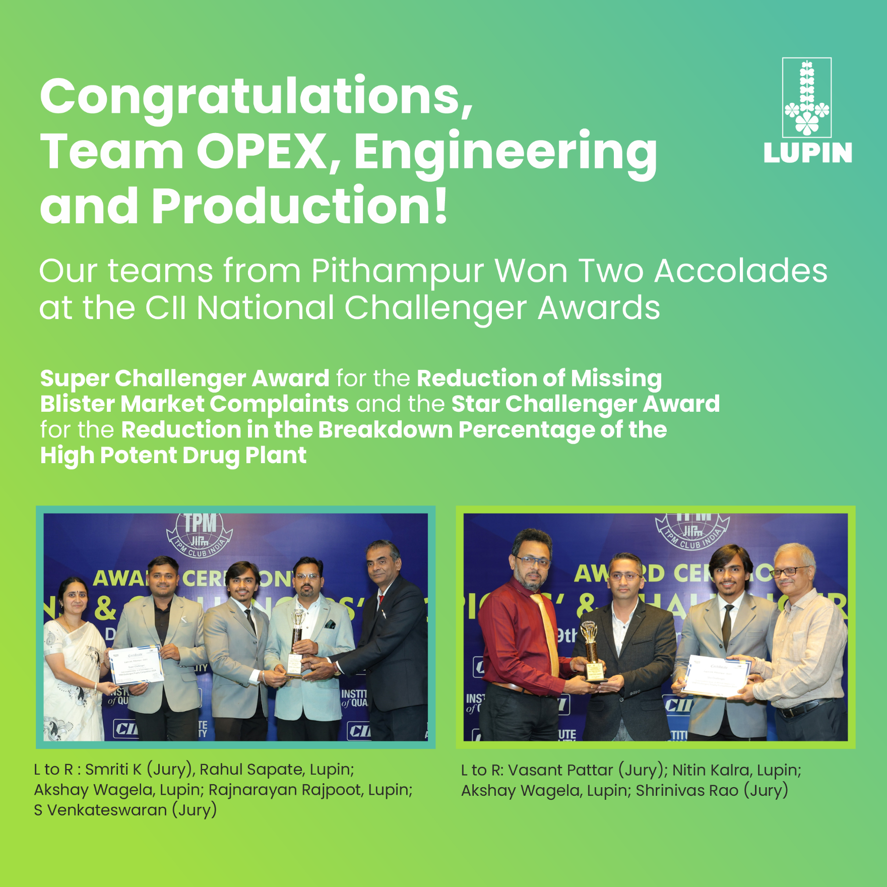 Our teams from Pithampur Won Two Accolades at the CII National Challenger Awards