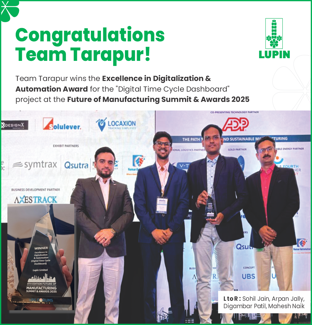 Team Tarapur wins the Excellence in Digitalization & Automation Award for the “Digital Time Cycle Dashboard” project at the Future of Manufacturing Summit & Awards 2025